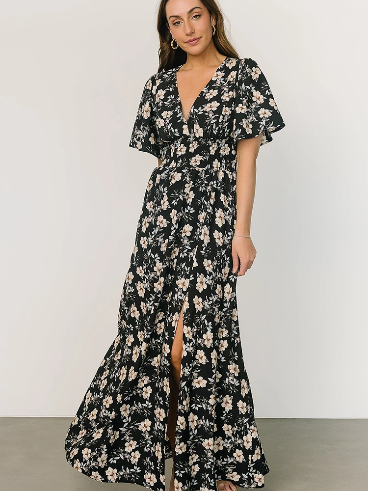 Abito lungo in chiffon con scollo a V con stampa floreale